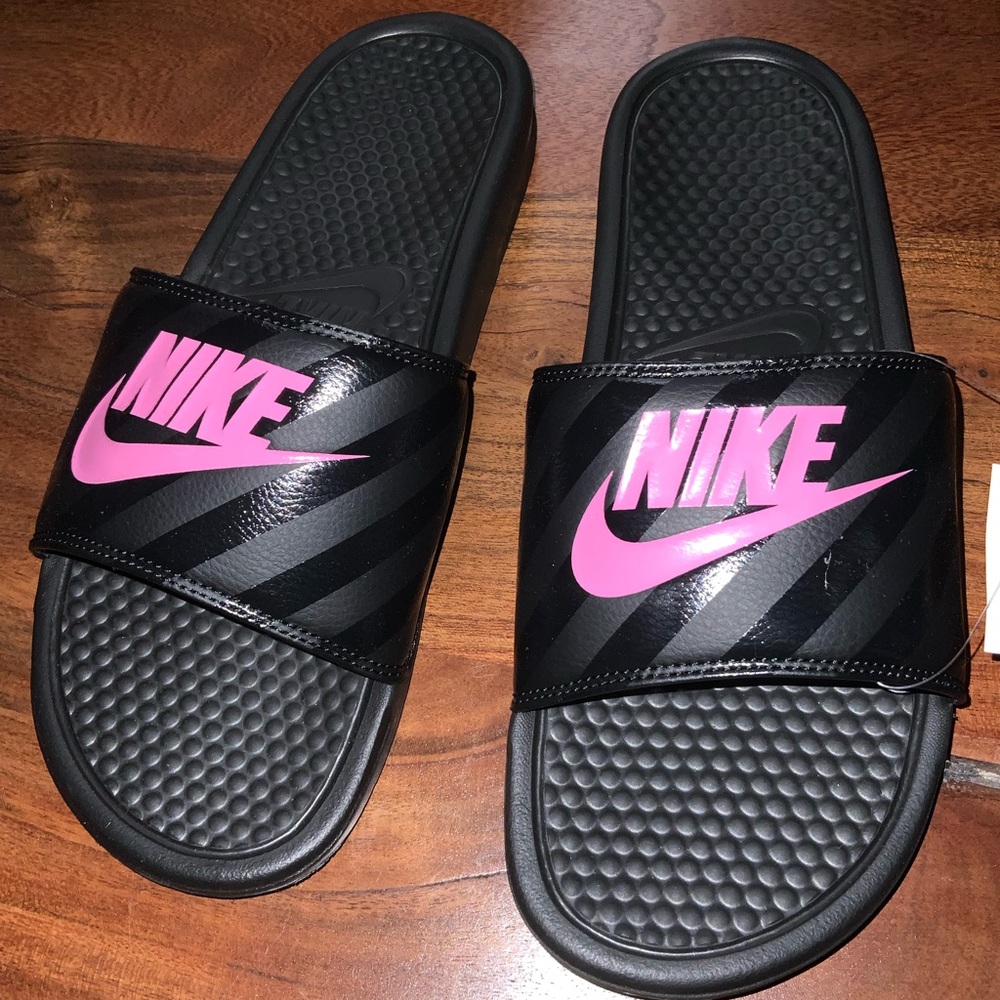 Nike Benassi JDI Slides Womens 12 Black Pink Slip On Casual Comfort Sandals